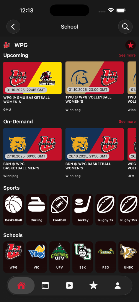 CanadaWest.TV - CanadaWest TV app interface showing collegiate sports schedules and categories