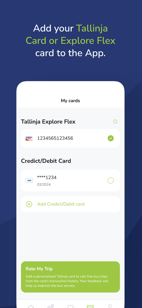 Interface of the Tallinja app showing the My Cards section where users can add transit and credit cards