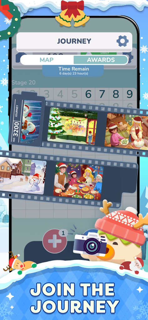 NumMatch logic puzzle game screen showcasing the holiday themed journey mode with illustrated film strips and a winter background