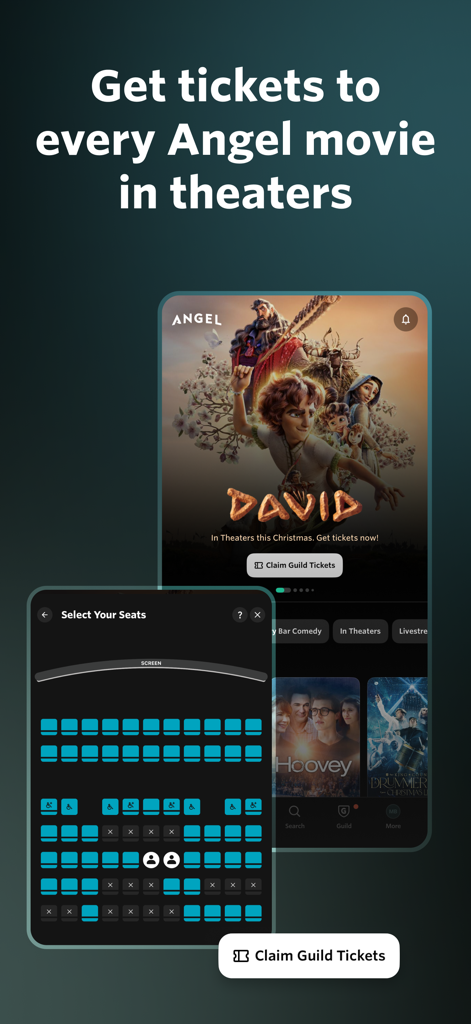 Angel: Stream TV & Movies - Interfaz de la aplicación Angel que muestra cómo reclamar entradas de cine del Guild y seleccionar asientos para estrenos en cines.