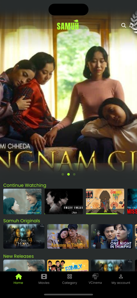 Homepage of the Samuh Bhutan streaming app showing original Bhutanese films and drama series categories