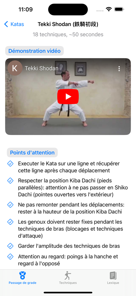 karate - Shotokan Karate app displaying a Tekki Shodan kata video demonstration and training tips