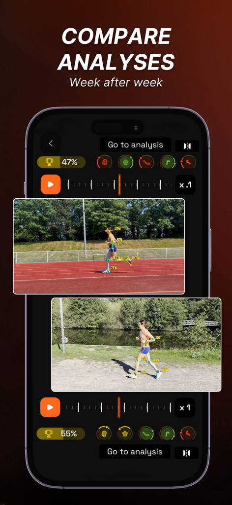 Running & gait analysis - Ochy - A smartphone interface displaying a side-by-side comparison of two video-based running gait analyses with skeletal tracking and performance scores.