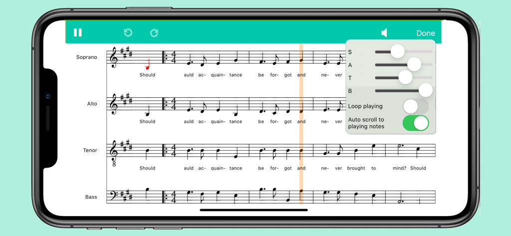 Score Creator Pro - Score Creator Pro app showing an SATB vocal score with a playback mixer for adjusting soprano, alto, tenor, and bass parts.