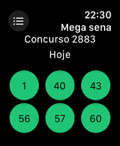 Mega Watch - Schermata di Apple Watch che mostra i numeri vincenti della lotteria Mega Sena in cerchi verdi