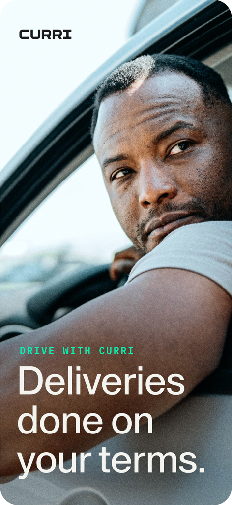 Un conductor profesional en su vehículo con el texto "Entregas realizadas en tus términos" para la aplicación Conductor Curri.