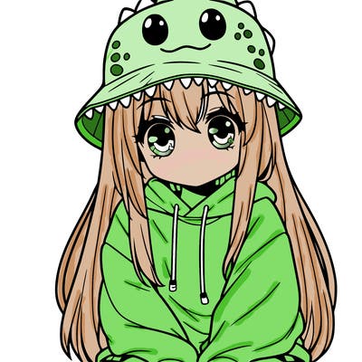 girl with anime shaped eyes with a dinosaur bucket hat oversized sweatshirt long straight hair