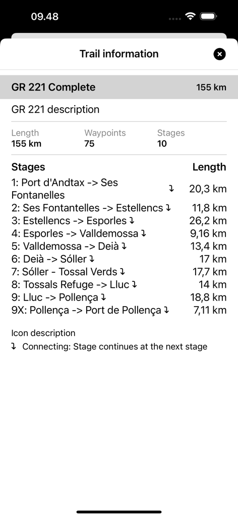 Detailed information screen showing the 10 hiking stages and lengths for the GR 221 trail in Mallorca.
