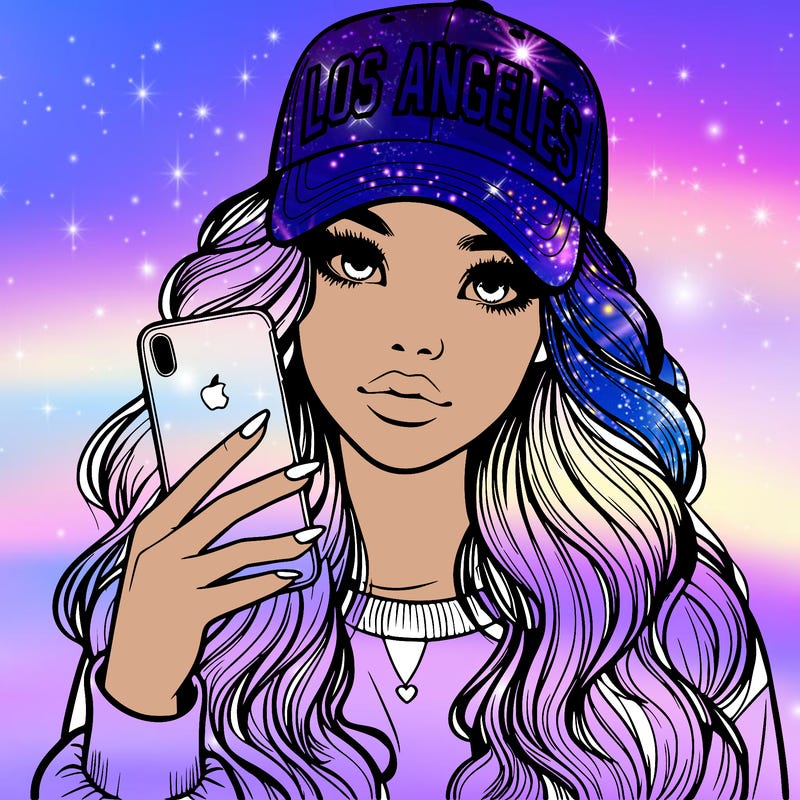 realistic beautiful girl wearing los ángeles cap holding an iphone