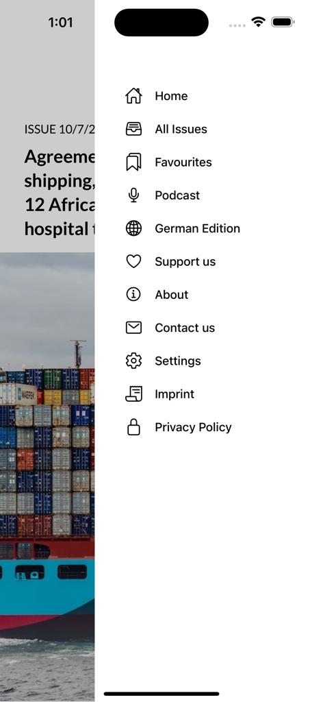 Squirrel News - Navigation sidebar of the Squirrel News app with menu options including Home All Issues and Favourites