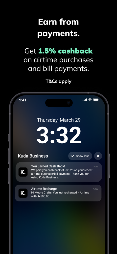 Smartphone screen showing Kuda Business notifications for airtime recharge and earned cashback rewards.