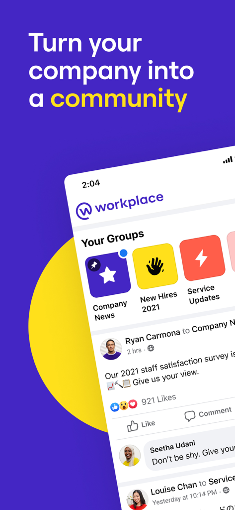 Workplace from Metaのモバイルインターフェイス。従業員のグループと、会社の最新情報が表示されるソーシャルニュースフィードが表示されています。