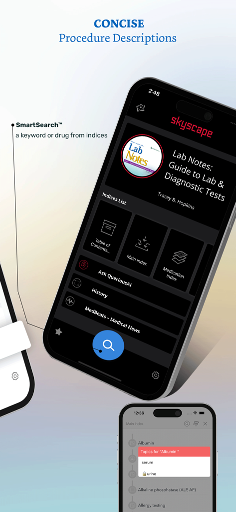 Lab Notes & Diagnostic Tests - Lab Notes app interface showing the SmartSearch feature and clinical diagnostic test indices on a smartphone.