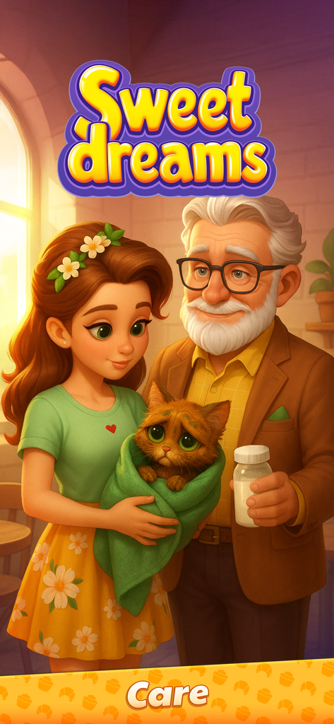 Sweet Dreams: Bakery Adventure - Eva y un hombre mayor cuidando a un gatito en Sweet Dreams Bakery Adventure.