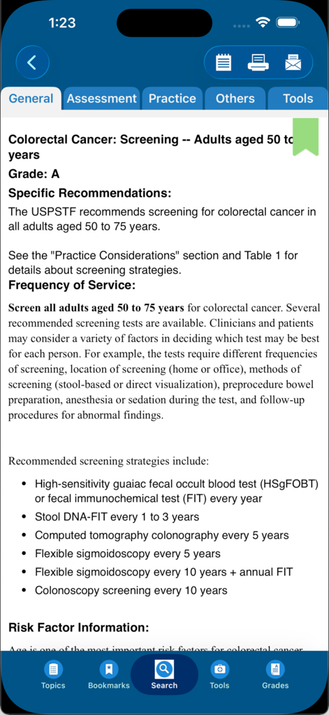USPSTF app screen showing colorectal cancer screening guidelines and recommendations for adults.