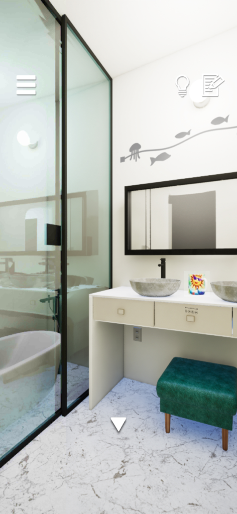 escape game: BLUE - Minimalist modern bathroom interior with glass shower and vanity in the escape game BLUE