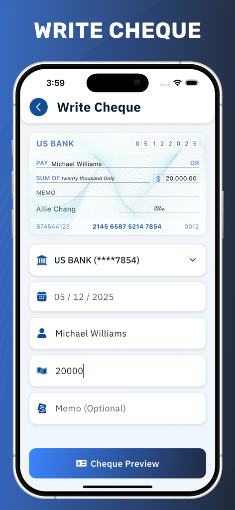 Cheque Writer & Printer - User interface of the Cheque Writer and Printer app for creating professional checks on an iPhone