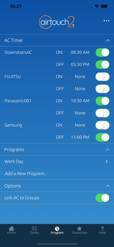Airtouch 2 plus App-Oberfläche, die die Timer- und Programmplanungs-Einstellungen für verschiedene Klimaanlagen anzeigt