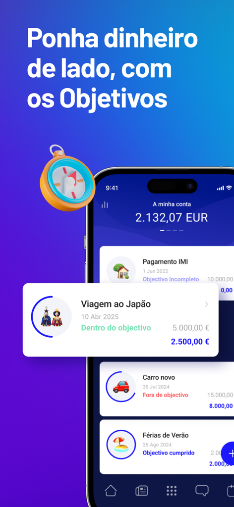 Best Bank - Interface do aplicativo móvel Best Bank mostrando metas de poupança financeira e progresso da conta