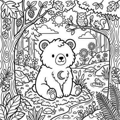 Discover the magic of the forest with this delightful Kawaii Spirit Bear coloring page. This adorable design is perfect for all ages, inviting you to add vibrant colors to a charming woodland scene.