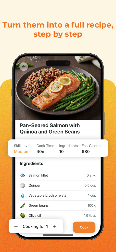 SousChefAI – Smart Recipes - SousChefAI app interface displaying a pan-seared salmon recipe with ingredients list and serving size adjustment