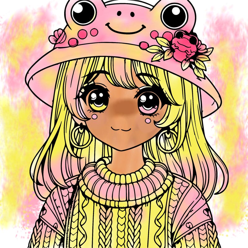 realistic girl wearing frog sweater and a frog hat with frog earrings