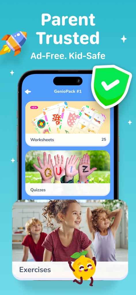 Pantalla de la aplicación GenioKid que muestra juegos educativos seguros para niños y sin anuncios para niños pequeños
