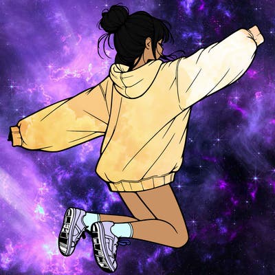 realistic girl jumping with a bun and oversized sweatshirt