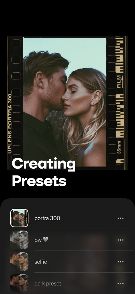 Interface de l'application Uplens montrant la création de préréglages photo personnalisés avec une esthétique de film vintage