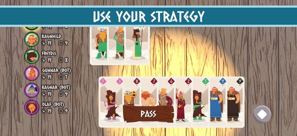 Odin - Helvetiq - Ein Screenshot des Odin-Kartenspiels, der eine Spielerhand und Wikinger-Charakter-Avatare zeigt.