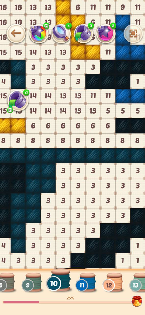 Craft Cross Stitch: Pixel Art - Digital cross stitch game interface featuring a color by number grid and colorful thread spools