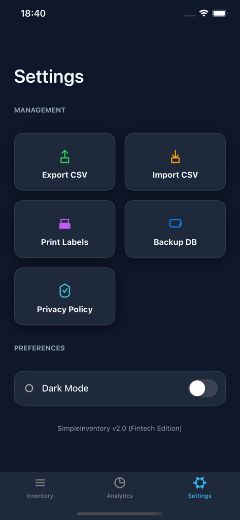 Barcode-Simple Inventory - Settings screen of the Barcode Simple Inventory app showing options for CSV export import and database backup
