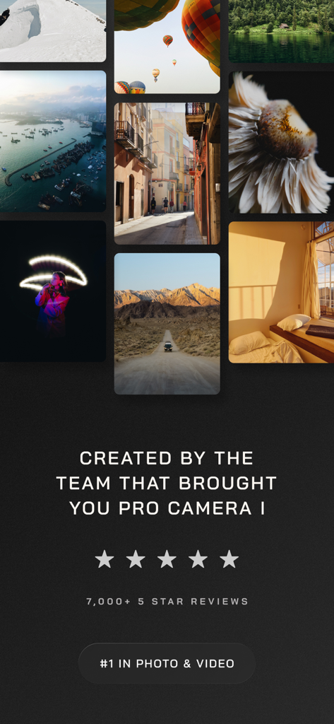 A photo gallery displaying professional photography results alongside five-star ratings and a number one ranking badge for the Moment Pro Camera II app.