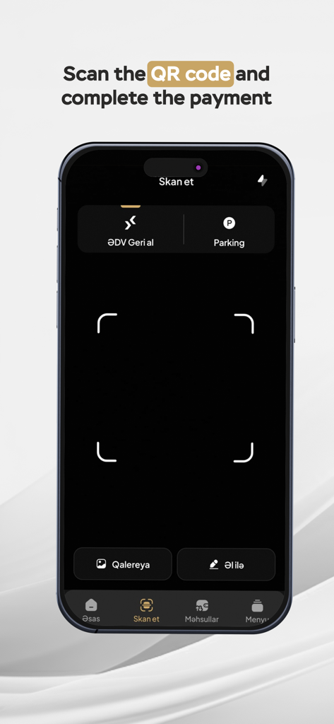 Pantalla de escaneo de códigos QR para pagos en la aplicación Premium Bank