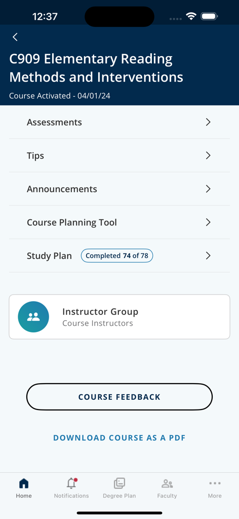 A course details screen in the myWGU Mobile app showing study plan progress and faculty contact options for a student.