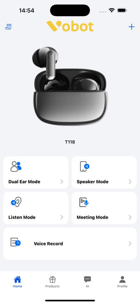 Vobot Talk - Vobot Talk home screen showing translation modes and T118 earbuds