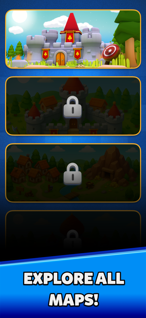 A menu showing various unlockable kingdom and village maps in the Match Lord Tower Defense game.