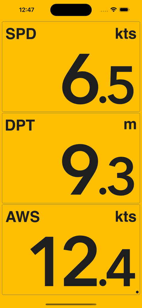 NMEAremote LITE - NMEAremote LITE dashboard showing marine speed depth and wind speed data on a high contrast yellow display