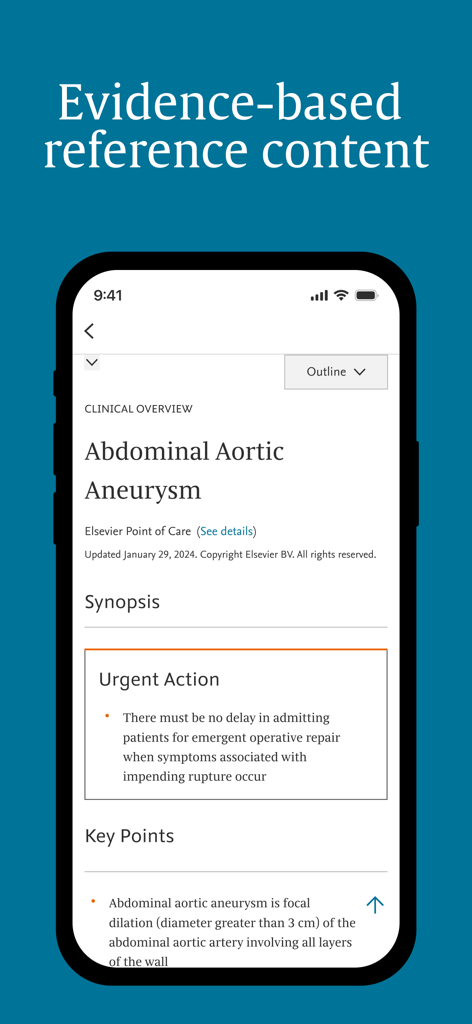 ClinicalKey AI app interface showing a clinical overview of Abdominal Aortic Aneurysm with urgent medical action points