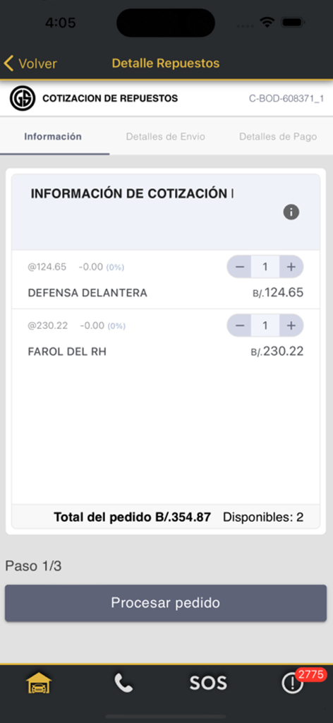 Grupo Silaba - Car parts quote summary screen in the Grupo Silaba mobile app.