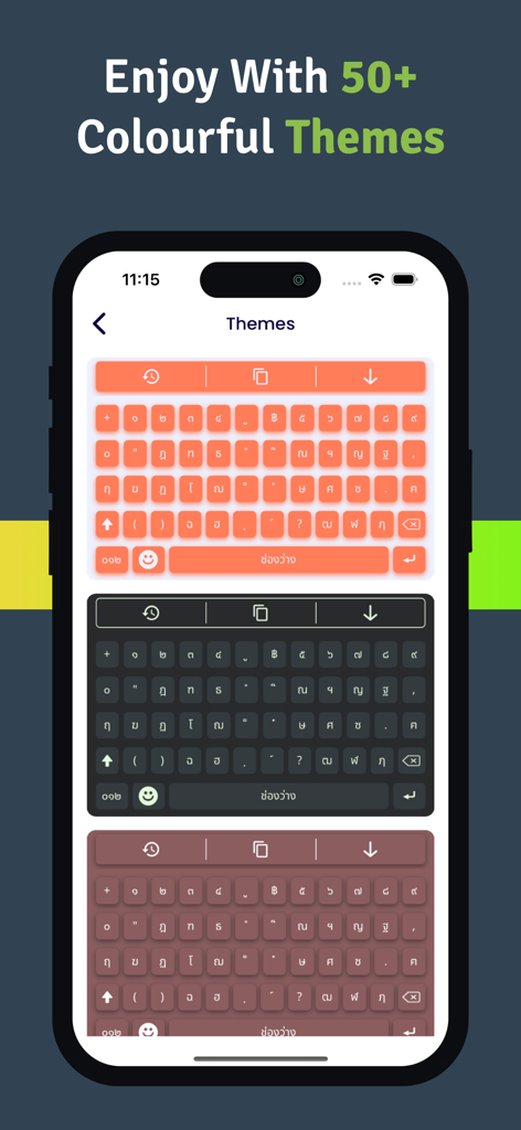 Thai Keyboard - Eine Anzeige mehrerer bunter Tastaturthemen und stilvoller Designs in der Thai Keyboard App.