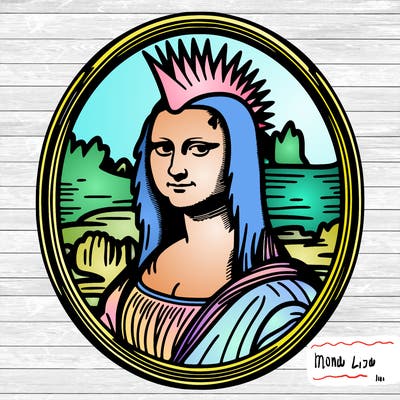 leonardo da vinci's "mona lisa" with punk hairstyle, realistic, thin borders