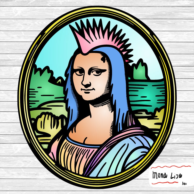 leonardo da vinci's "mona lisa" with punk hairstyle, realistic, thin borders