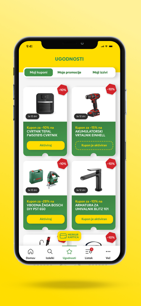 MERKUR Zate - Tela do aplicativo móvel MERKUR Zate mostrando cupons de compras personalizados e descontos de fidelidade por nível