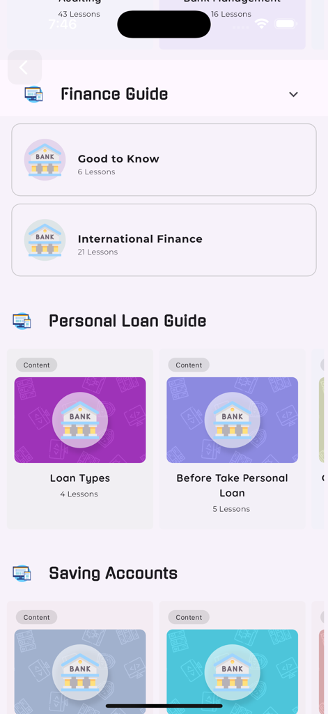 Mobile app interface showing various finance lessons including personal loans and saving accounts