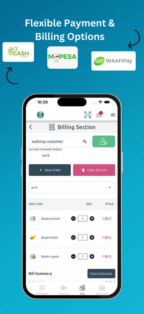 MAKHAL - Pantalla de facturación de punto de venta móvil MAKHAL que muestra el carrito detallado y opciones de pago flexibles
