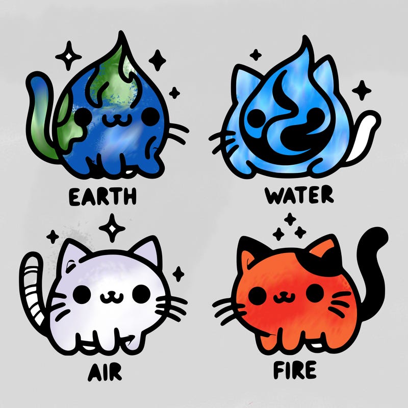 4 cats that represent the different elements, earth, water, air, and fire