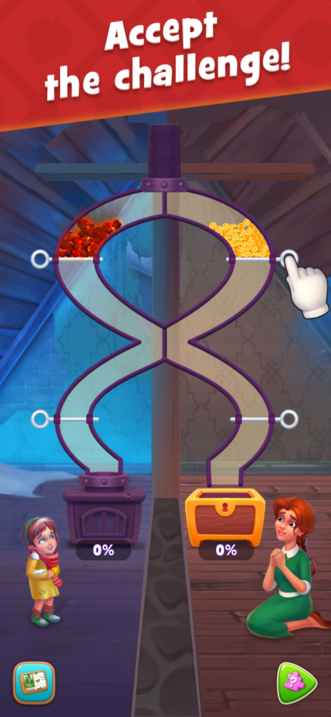 Gardenscapes pull-the-pin mini game showing characters and a resource management challenge