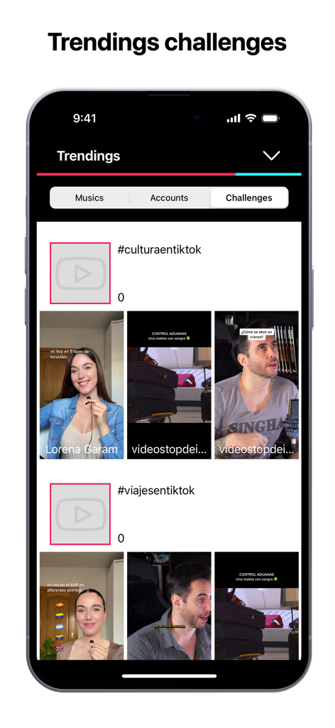Interface of TikWidgets app displaying trending TikTok challenges and hashtags for content creators.