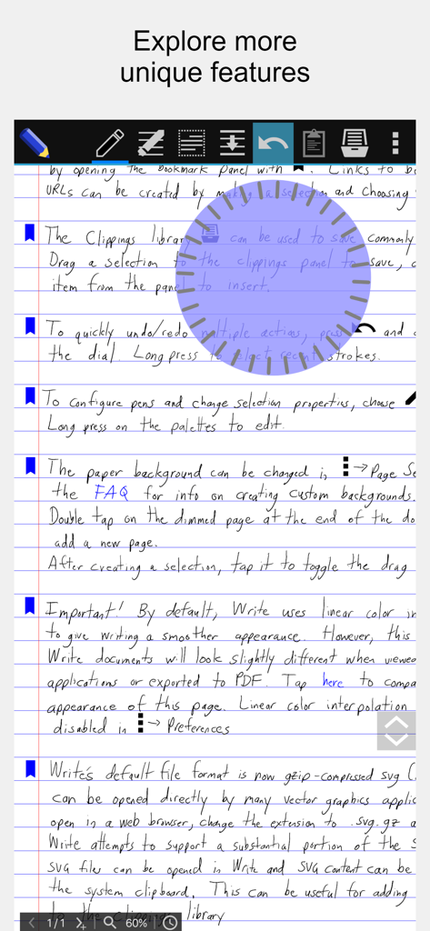 A screenshot of handwritten notes in the Stylus Labs Write Pro app featuring the circular undo and redo jog dial tool over lined paper